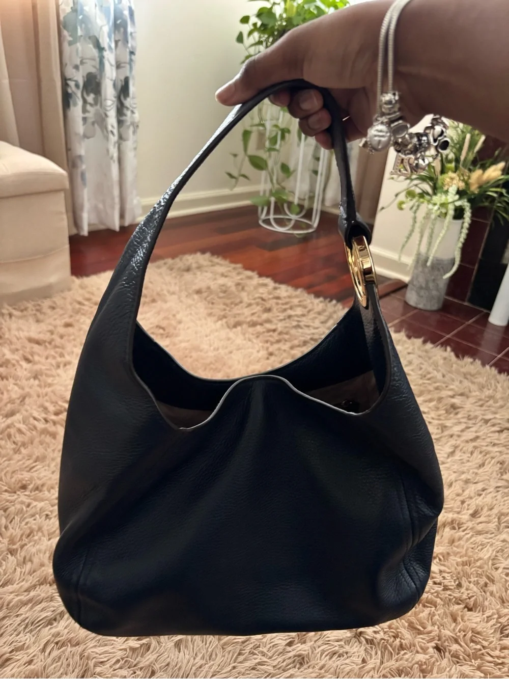 Michael Kors Black Pebbled Leather Hobo with Gold Hardware